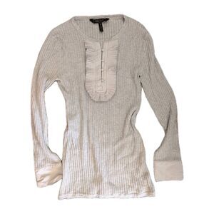 BCBG Max Azria, Small, Silk Blend Ribbed Sweater Top Gray Business Casual Fitted